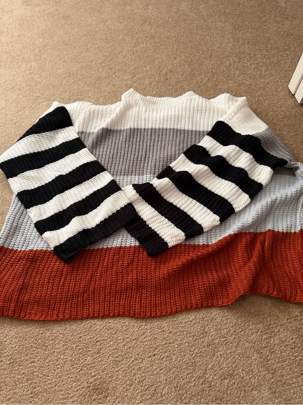 Colorblock Striped Crewneck Sweater - White, Gray, Black & Rust